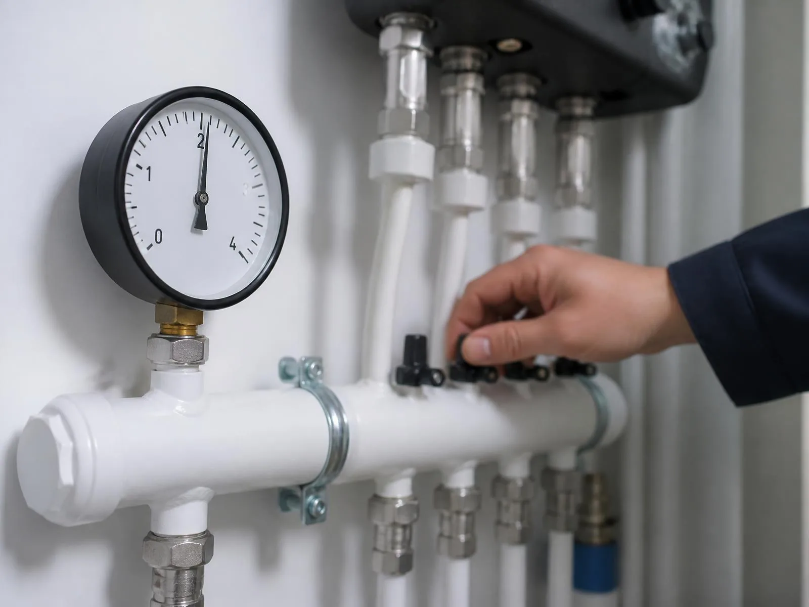 Manometer na rozdeľovači vykurovania počas tlakovej skúšky tesnosti rozvodov